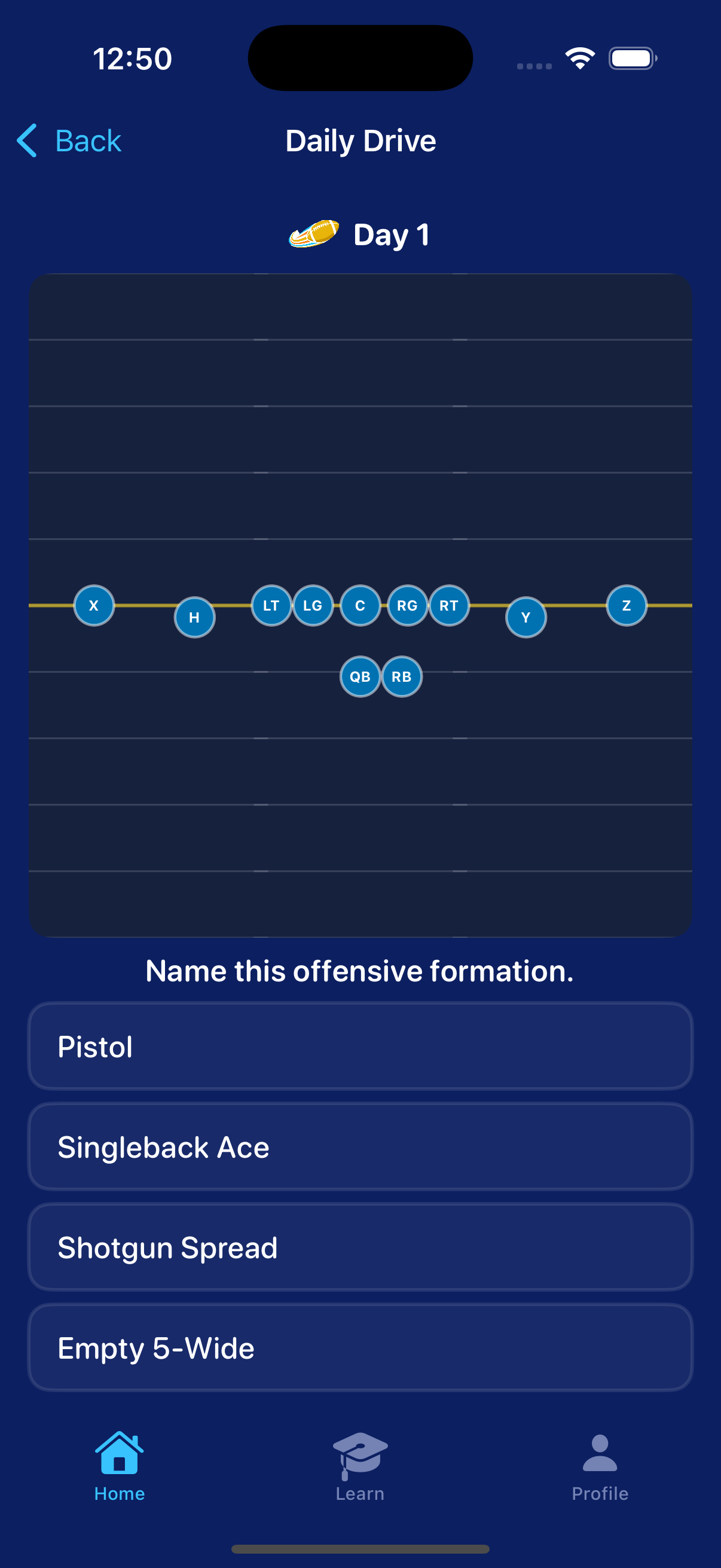 Daily Drive Day 1 challenge showing formation quiz with field and answer choices