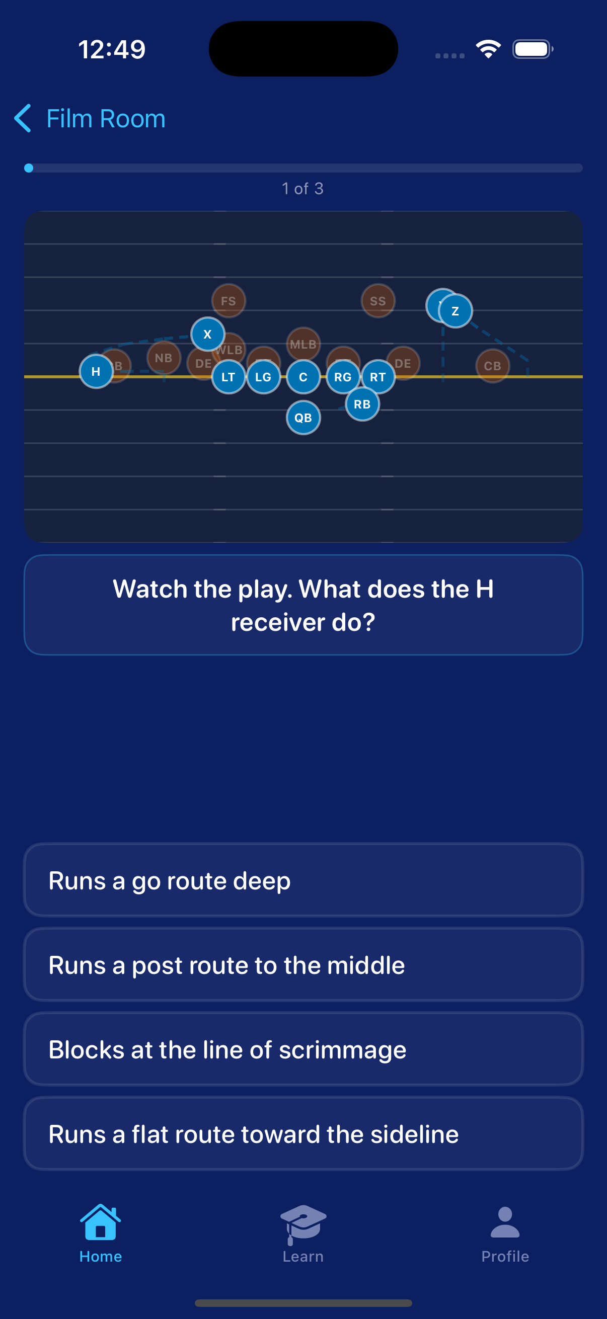 Film Room showing animated play with offense and defense on the field