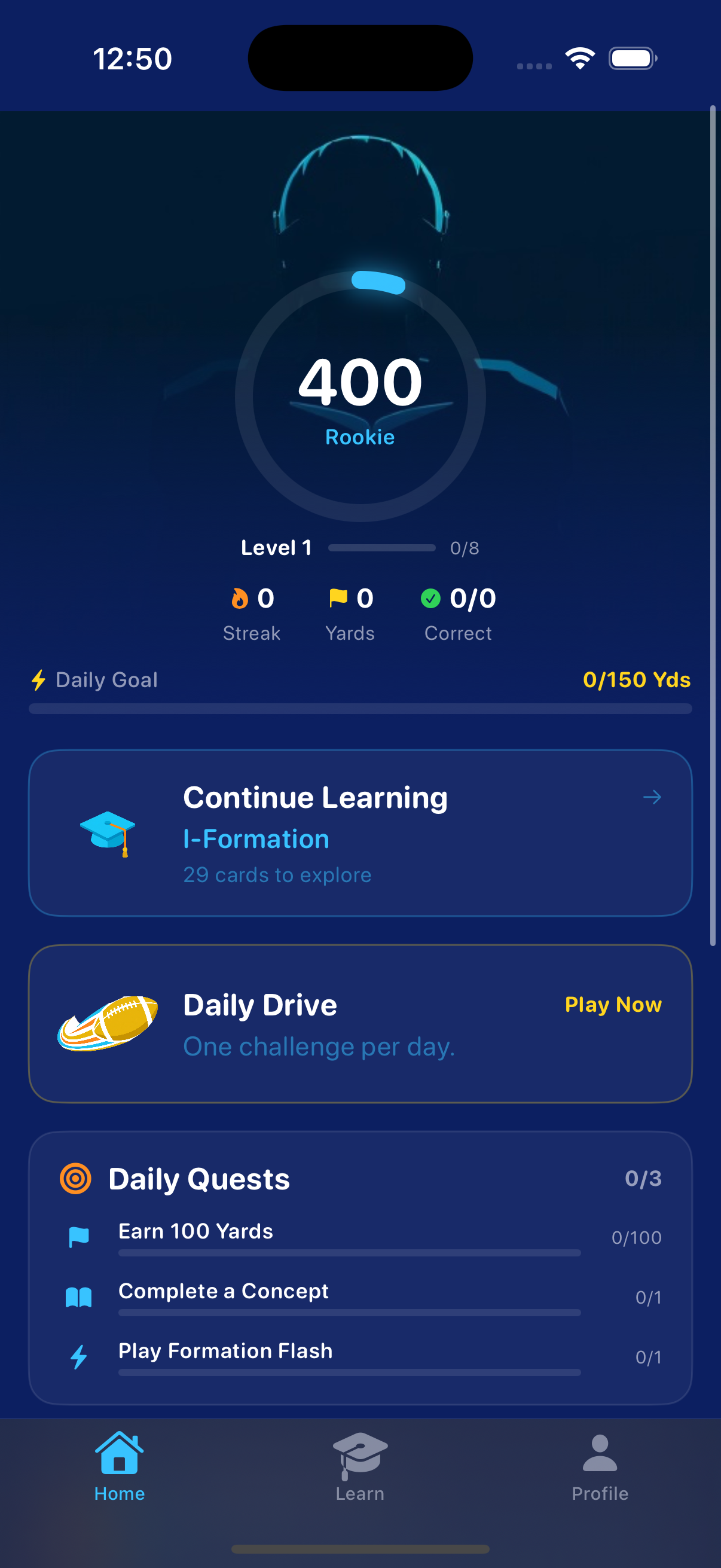 See the Field app home screen showing Field Vision score, daily goals, and game modes