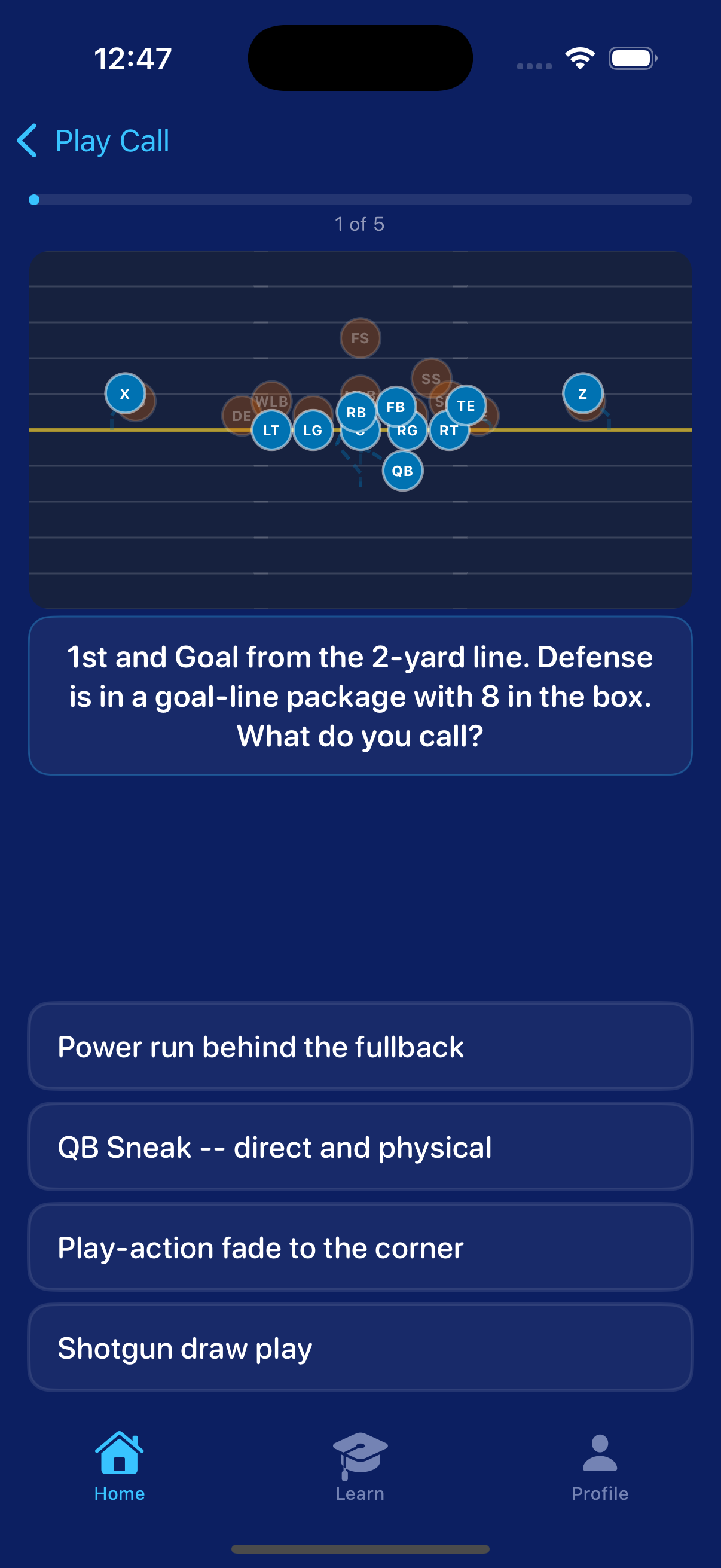 Play Call showing game situation with formation and play options